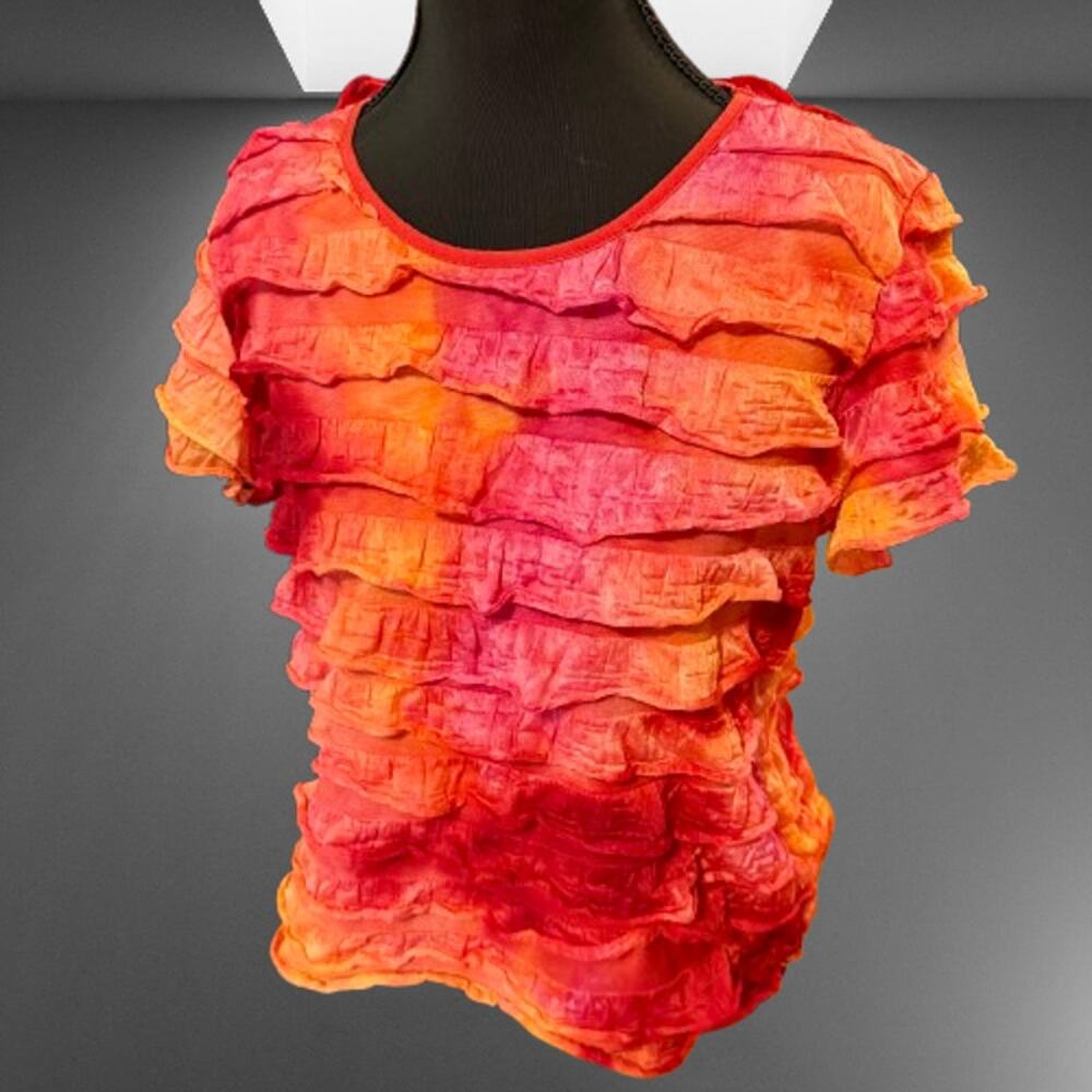 Notations Hot Orange & Red Ruffled Layered Stretchy Top Sz S